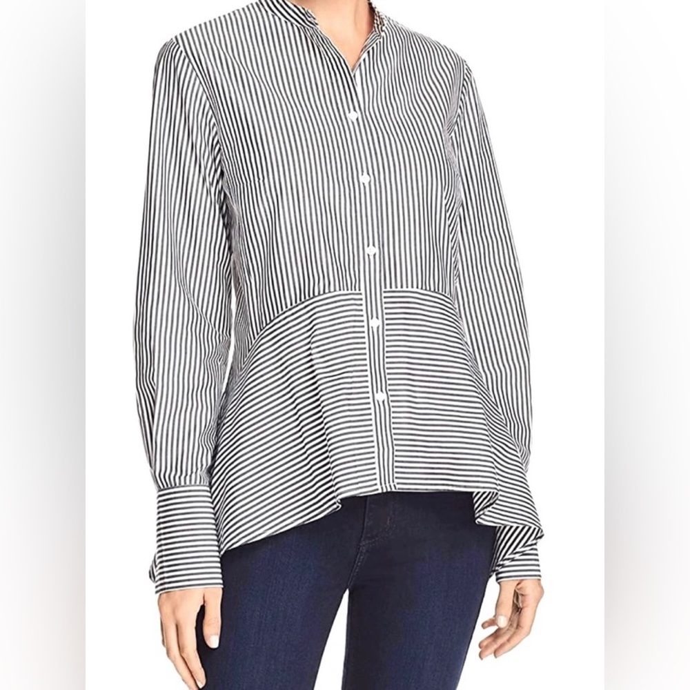 FRENCH CONNECTION Contrasting Summer Stripe Blouse Top Shirt Black White Peplum